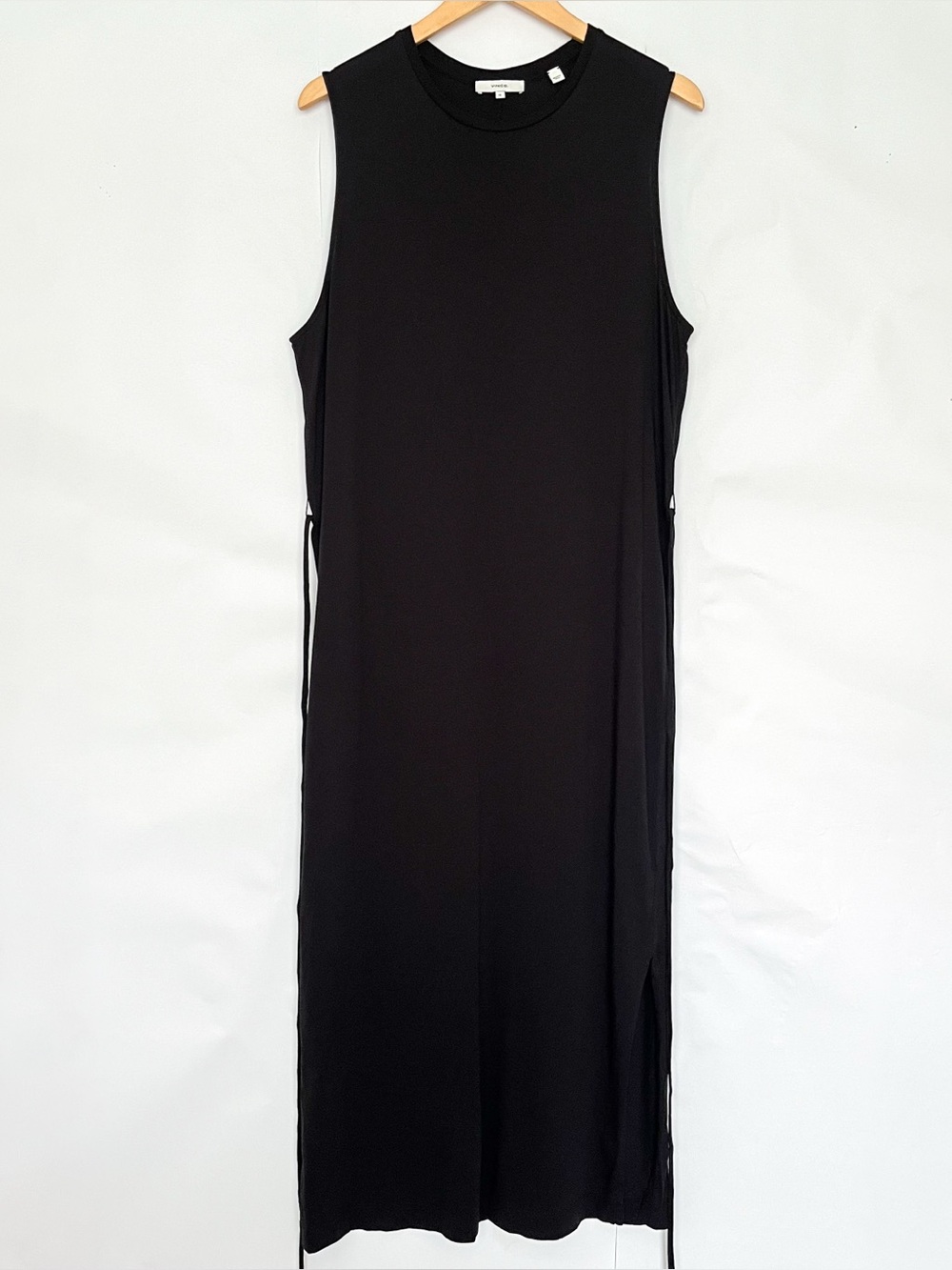 Vince Pima Cotton Maxi Dress Sleeveless Tie Waist Midi Sheer Women Size XL Black - Picture 4 of 16